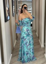 VESTIDO LONGO ESTAMPADO COM DECOTE DRAPEADO PONTO CHIC - Image 3