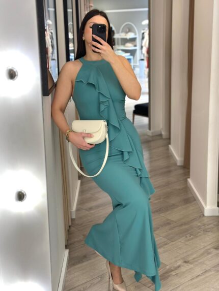 VESTIDO LONGO VERDE COM FOLHO FRONTAL RINASCIMENTO