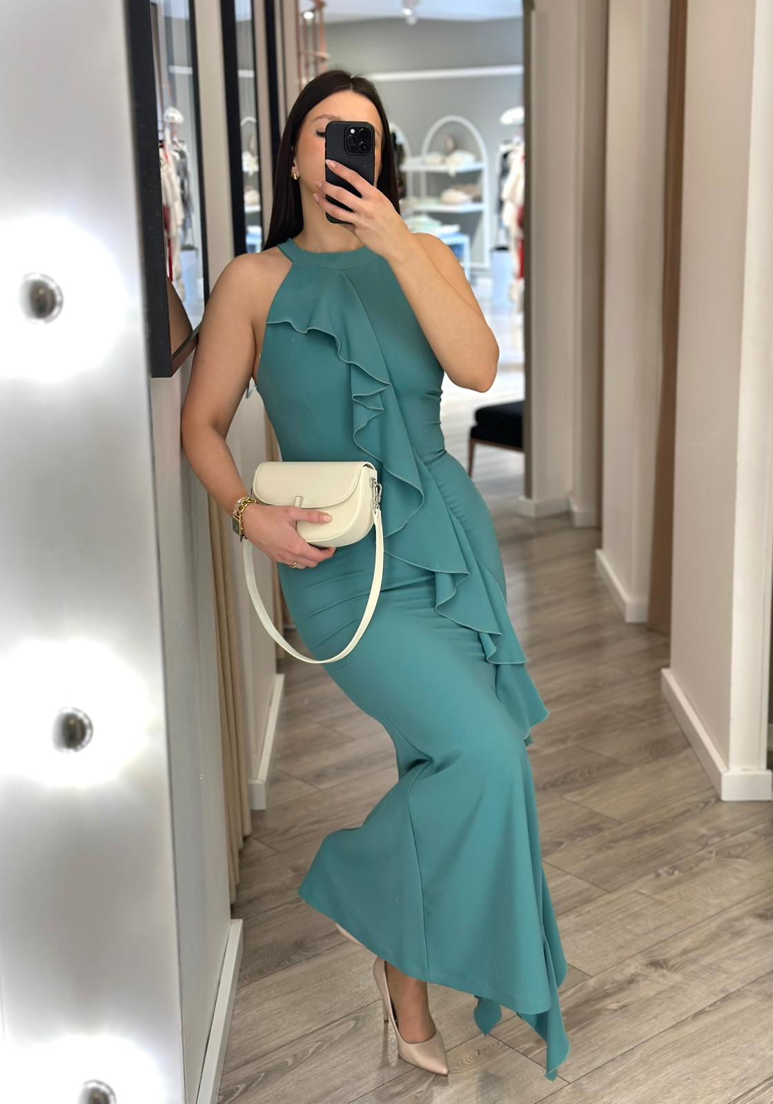 WhatsApp Image 2026-02-10 at 15.07.20 VESTIDO LONGO VERDE COM FOLHO FRONTAL RINASCIMENTO - Image 1