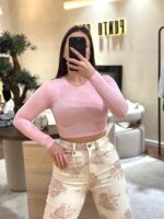 TOP CROPPED ROSA MANGA COMPRIDA PONTO CHIC