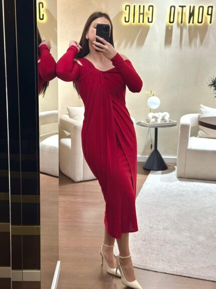 VESTIDO MIDI VERMELHO COM DRAPEADO FRONTAL PONTO CHIC
