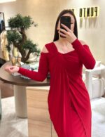 VESTIDO MIDI VERMELHO COM DRAPEADO FRONTAL PONTO CHIC - Image 3