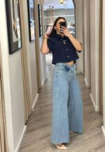 CALÇAS DE GANGA WIDE LEG COM CINTO ROSA DENIM DIXIE