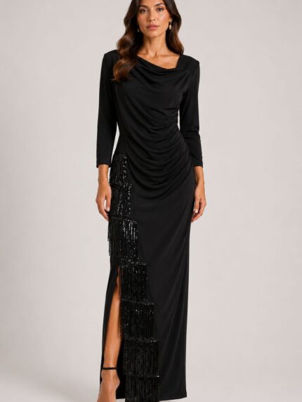 VESTIDO PRETO DRAPEADO COM FRANJAS EM LANTEJOULA PONTO CHIC