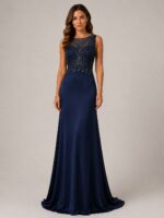 VESTIDO COMPRIDO AZUL MARINHO COM CORPETE BORDADO PONTO CHIC