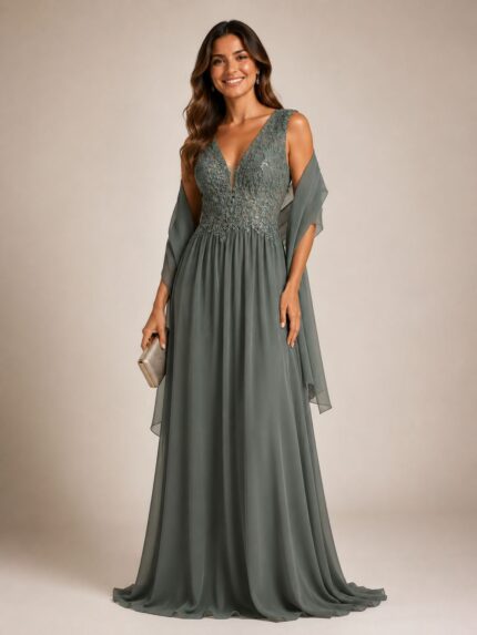 VESTIDO VERDE SÁLVIA COM BORDADOS E LANTEJOULAS PONTO CHIC