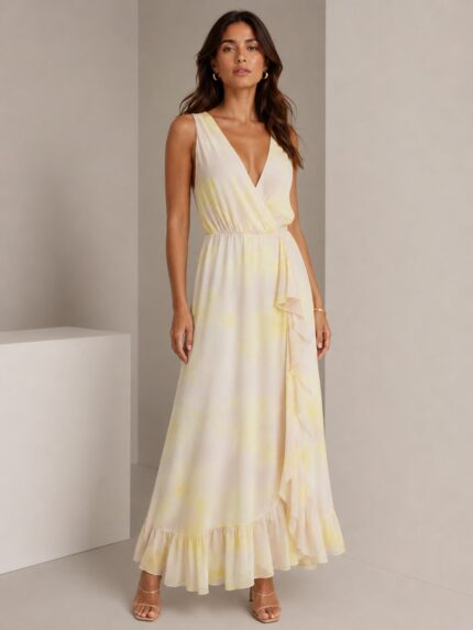 VESTIDO AMARELO CLARO COM FOLHOS E LAÇO RINASCIMENTO