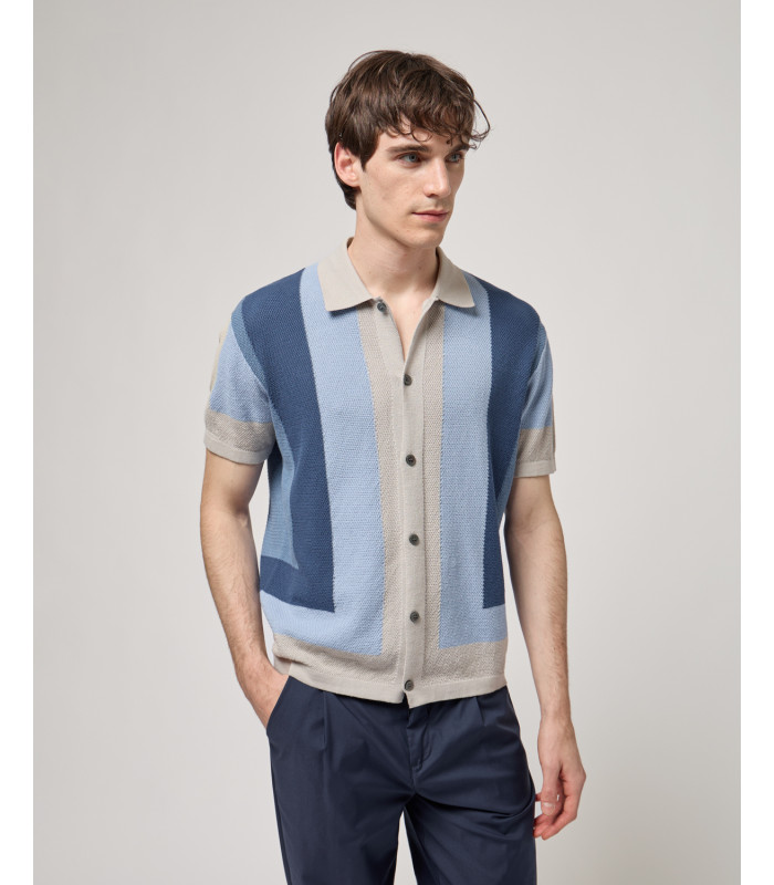 camicia-in-maglia-a-manica-corta POLO DE MALHA TRICOT COM PADRÃO GEOMÉTRICO AZUL GIANNI LUPO - Image 1
