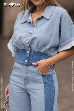 CAMISA DE GANGA AZUL COM BOTÕES JOIA E DETALHE EM CONTRASTE MISS YOU - Image 5