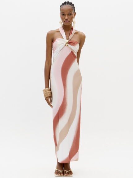 VESTIDO ROSA E CAMEL ACETINADO COM DETALHE DOURADO LANÇA PERFUME
