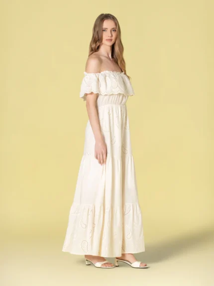 VESTIDO COMPRIDO CRU COM BORDADO INGLÊS RUGA