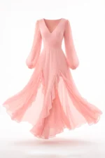 VESTIDO COMPRIDO ROSA COM FOLHOS E MANGA ABALONADA SAHOCO - Image 11