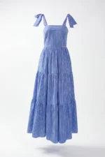 VESTIDO COMPRIDO AZUL ÀS RISCAS COM FOLHOS SAHOCO - Image 7