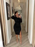 VESTIDO MIDI PRETO DRAPEADO COM MANGA COMPRIDA PONTO CHIC - Image 5