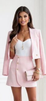 CONJUNTO ROSA CLARO COM BLAZER CROPPED E SAIA PONTO CHIC - Image 4
