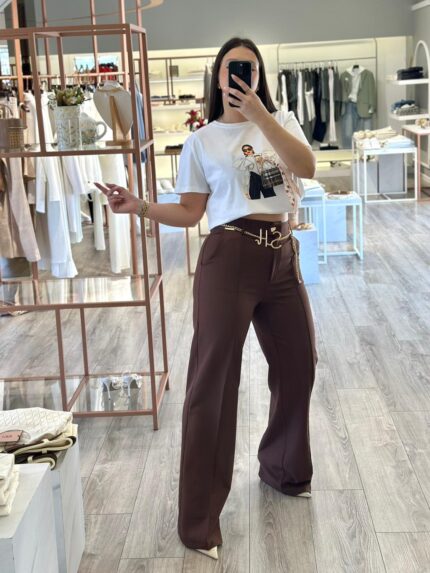 CALÇA CASTANHA WIDE LEG COM NERVURA FRONTAL SAHOCO