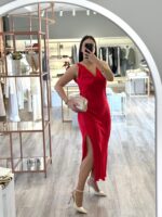 VESTIDO COMPRIDO ACETINADO VERMELHO COM DECOTE EM V DIXIE - Image 2