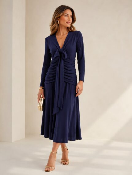 VESTIDO MIDI DRAPEADO AZUL MARINHO PONTO CHIC