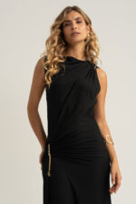 VESTIDO PRETO COMPRIDO  ASSIMETRICO COM DETALHE FRANZIDO FERRACHE - Image 3
