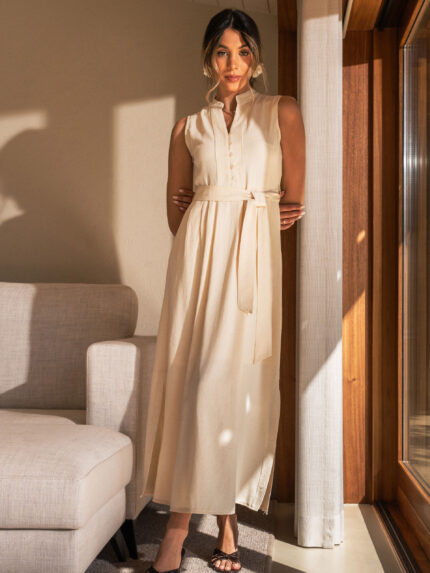 VESTIDO MIDI FLUIDO BEGE COM CINTO FERRACHE