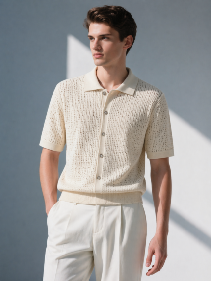 CAMISA BEGE EM MALHA PERFURADA PONTO CHIC