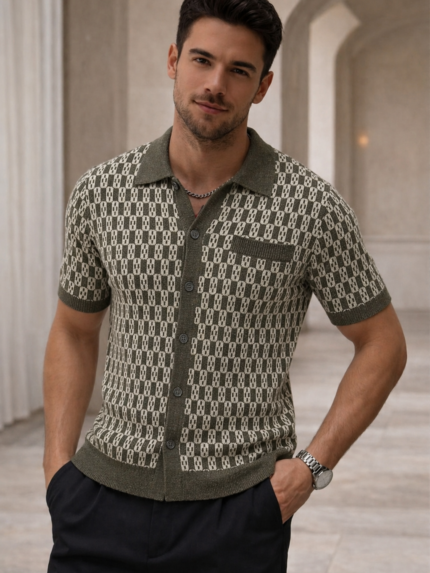 CAMISEIRO EM MALHA VERDE COM PADRÃO GEOMÉTRICO E BOTÕES GIANNI LUPO