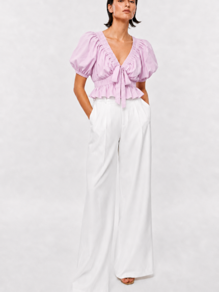 TOP ROSA COM FOLHOS E MANGA VOLUME PONTO CHIC