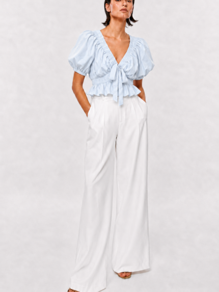 TOP AZUL COM FOLHOS E MANGA VOLUME PONTO CHIC