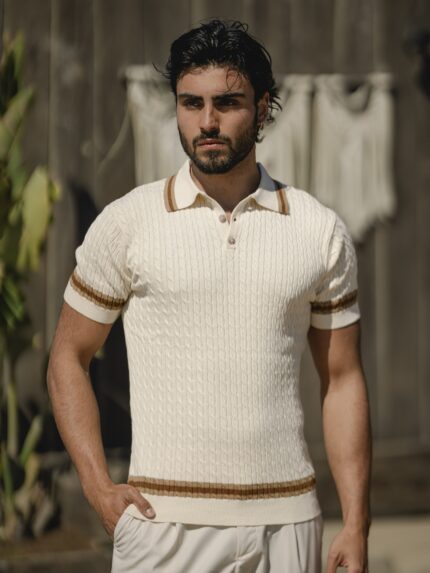 POLO BEGE TRICOT TRANÇA COM BOTÕES PONTO CHIC