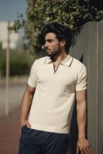 POLO BEGE TRICOT  RISCA AZUL PONTO CHIC - Image 3