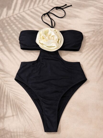 FATO DE BANHO PRETO COM FLOR APLICADA PONTO CHIC