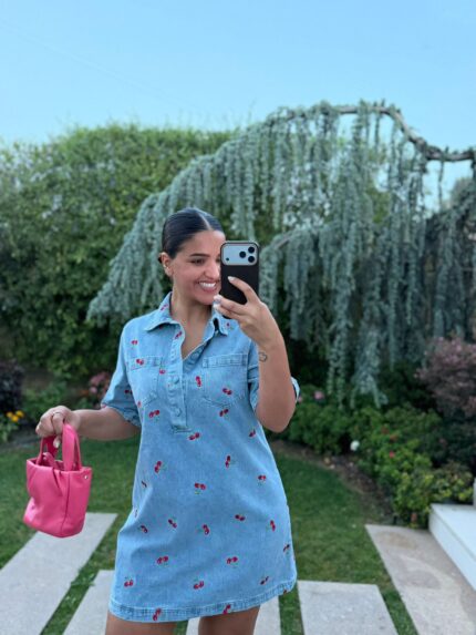 VESTIDO GANGA COM BORDADO DE CEREJAS PONTO CHIC