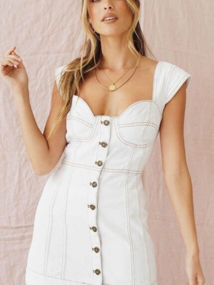 VESTIDO BRANCO EM GANGA COM COSTURAS CONTRASTANTES PONTO CHIC