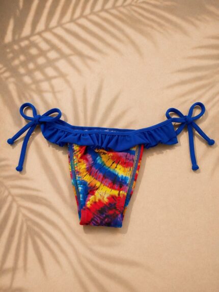 CUECA DE BIQUÍNI AZUL TIE DYE COM FOLHO PONTO CHIC