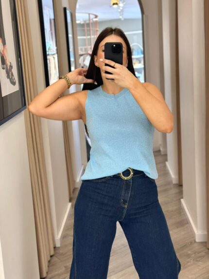 TOP AZUL BRILHO SEM MANGAS PONTO CHIC