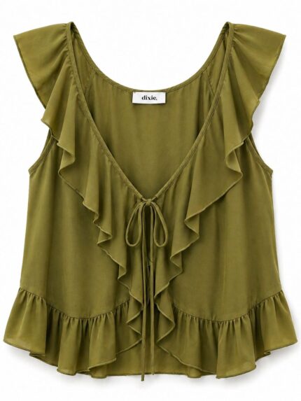 TOP VERDE COM FOLHOS DECOTE EM V DIXIE