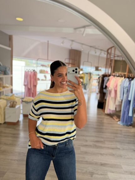 CAMISOLA AZUL DE MALHA ÀS RISCAS MULTICOLOR PONTO CHIC