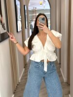 TOP BRANCO COM FOLHOS E MANGA VOLUME PONTO CHIC
