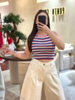 TOP TRICOT ROSA COM RISCAS MULTICOR PONTO CHIC