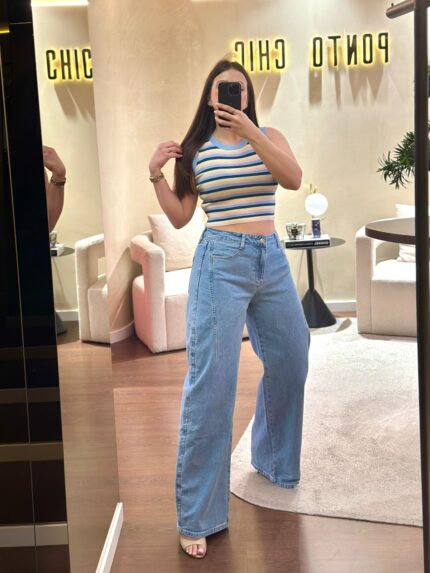 CALÇA DE GANGA WIDE LEG COM COSTURA FRONTAL PONTO CHIC