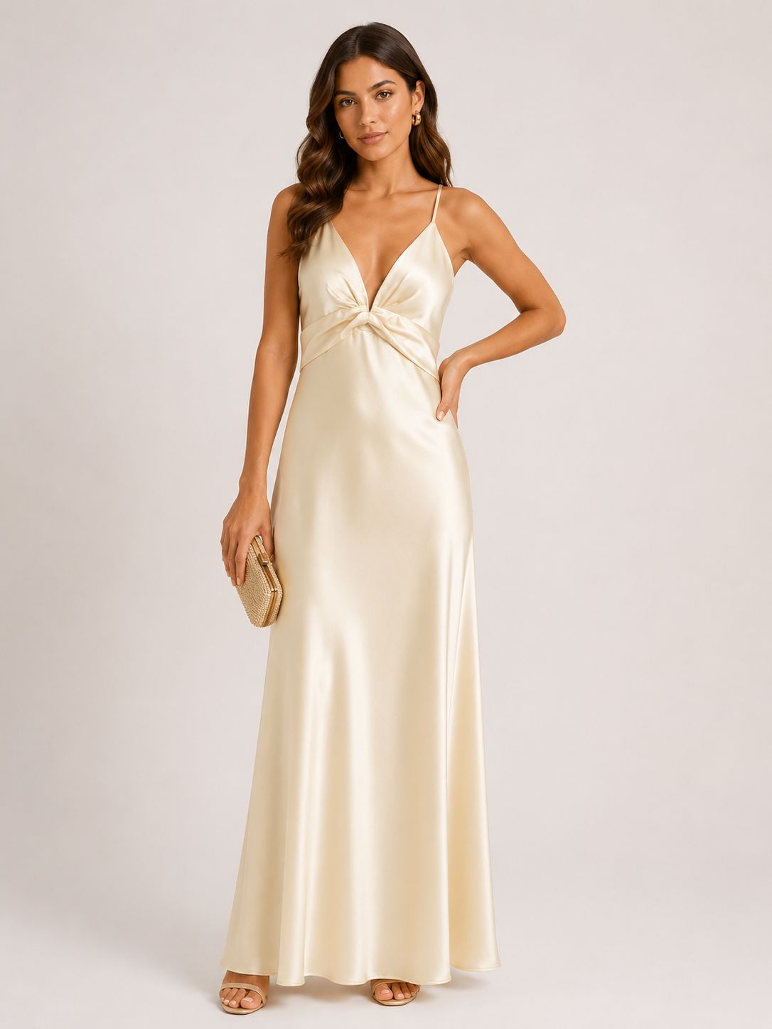 WhatsApp Image 2026-05-21 at 18.21.56 (1) VESTIDO LONGO AMARELO CLARO DE CETIM COM DECOTE EM V RINASCIMENTO - Image 1