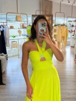 VESTIDO LONGO VERDE LIMA COM CORPETE DRAPEADO E APLICAÇÃO CENTRAL PONTO CHIC - Image 2