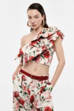 TOP FLORAL ASSIMÉTRICO COM FOLHO IMPERIAL