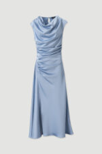 VESTIDO AZUL ACETINADO MIDI CINTADO COM DECOTE DRAPEADO FERRACHE - Image 4