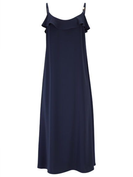 VESTIDO COMPRIDO AZUL MARINHO COM FOLHO NA COSTA SILVINA CAMPOS