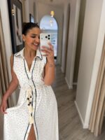 VESTIDO BRANCO COM BOLINHAS E CINTO DE CORDA PONTO CHIC