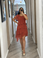 VESTIDO CURTO TERRACOTA COM FOLHOS PONTO CHIC