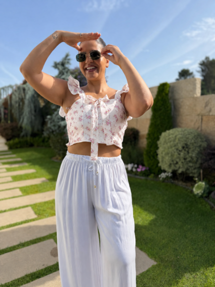 TOP ROSA FLORAL COM FOLHOS PONTO CHIC