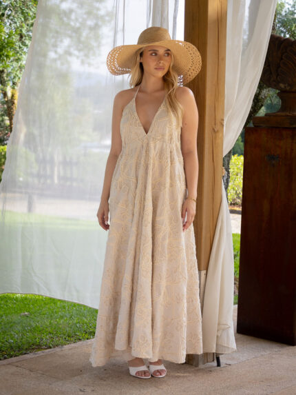 VESTIDO COMPRIDO BORDADO BEGE RINASCIMENTO