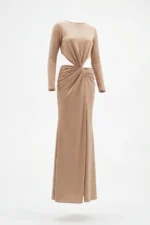 VESTIDO CAMEL COM DRAPEADO E NÓ FRONTAL SAHOCO - Image 3